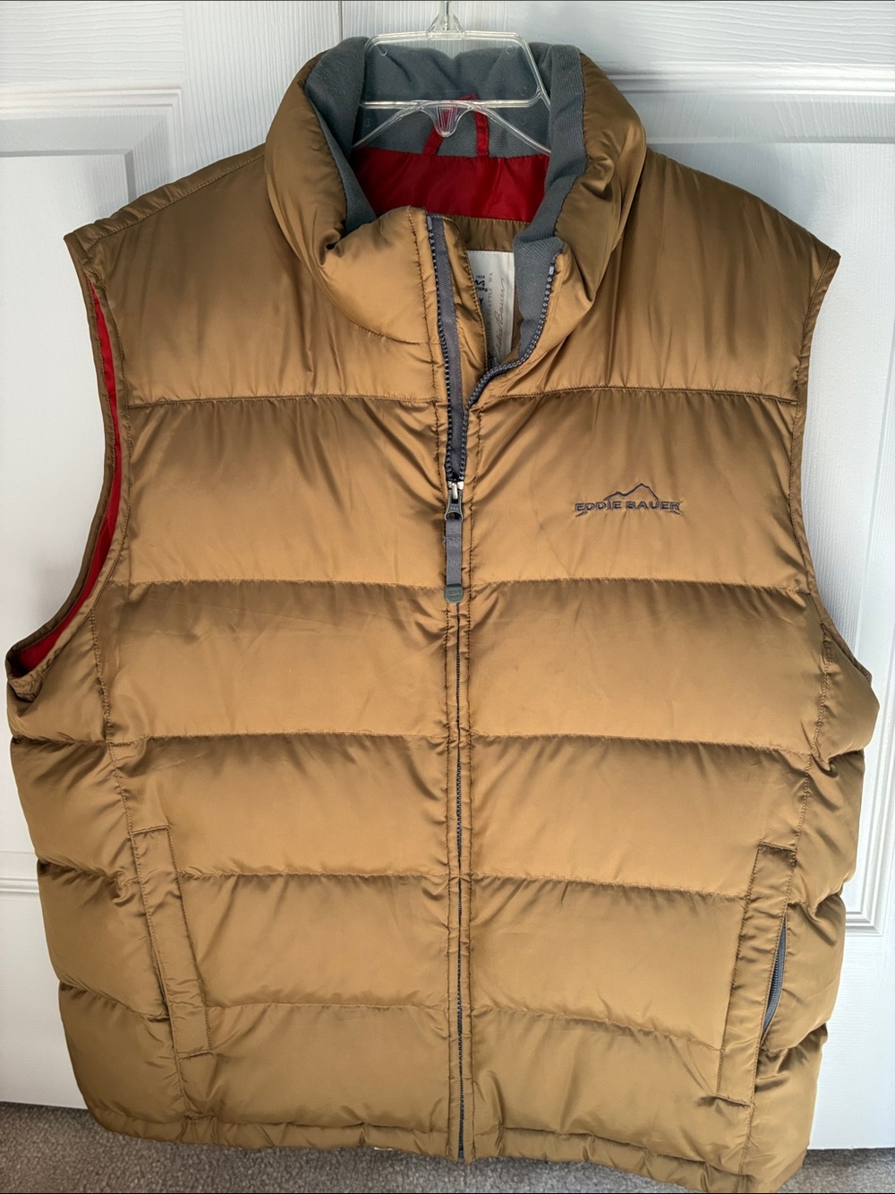 Eddie Bauer Goose Down Men's Brown/Tan Quilted Puffer Vest with Red Lining, L